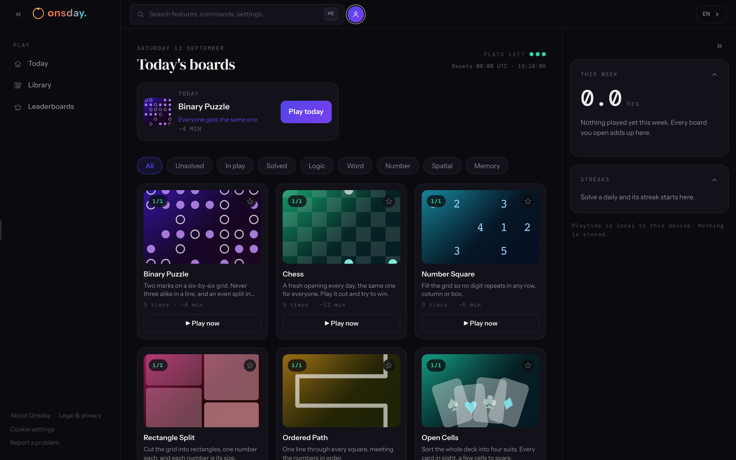 Onsday daily puzzle lobby on desktop